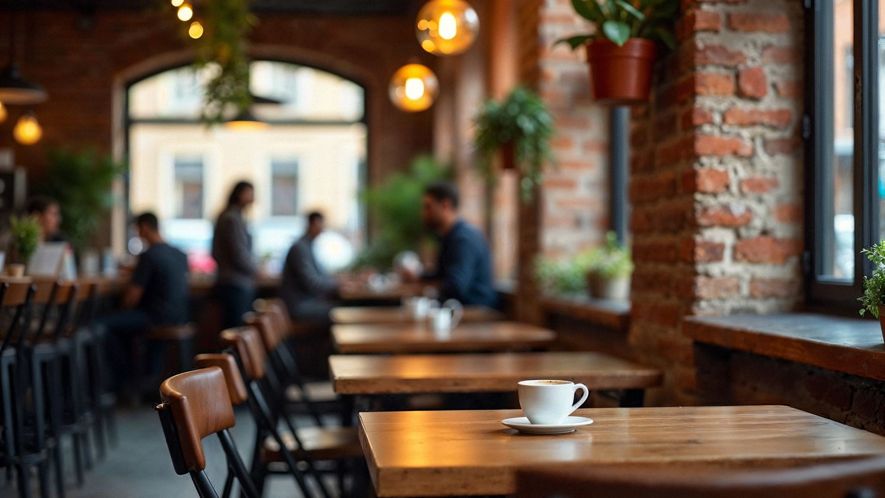 A quiet cafe with wooden tables, warm pendant lights, brick walls and a single espresso cup waiting on the front table